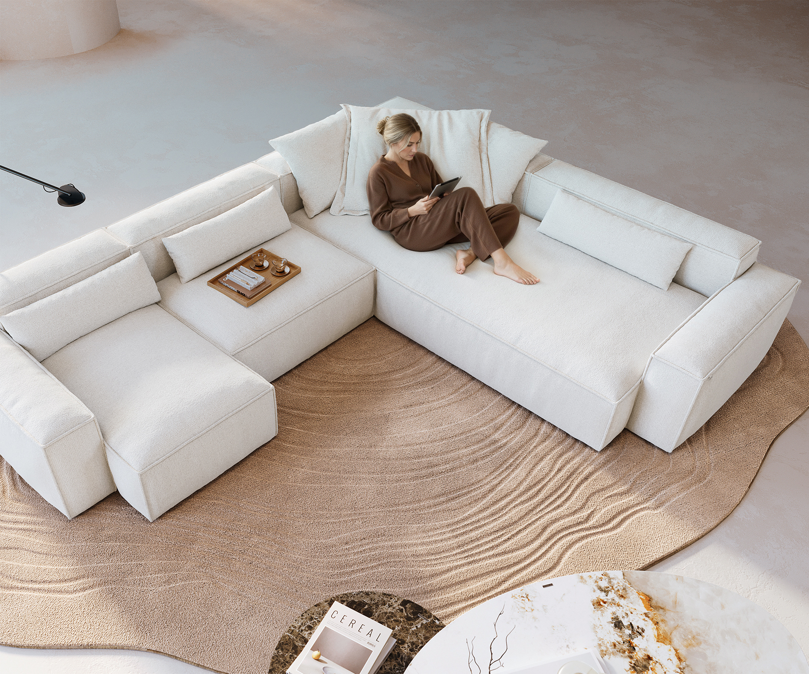 Pohovka v tvare U Freestyle 360x290 cm bouclé mäkký béžová lemovanie - Image 4