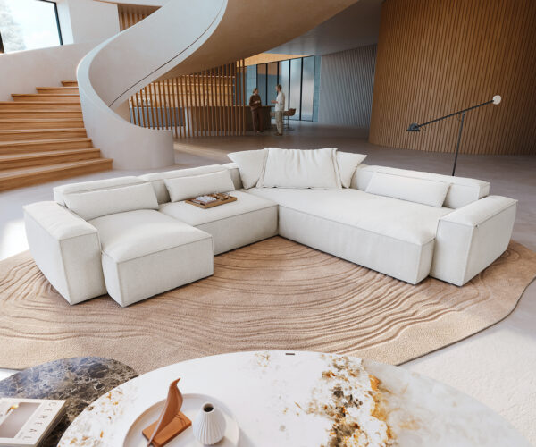 Pohovka v tvare U Freestyle 360x290 cm bouclé mäkký béžová lemovanie