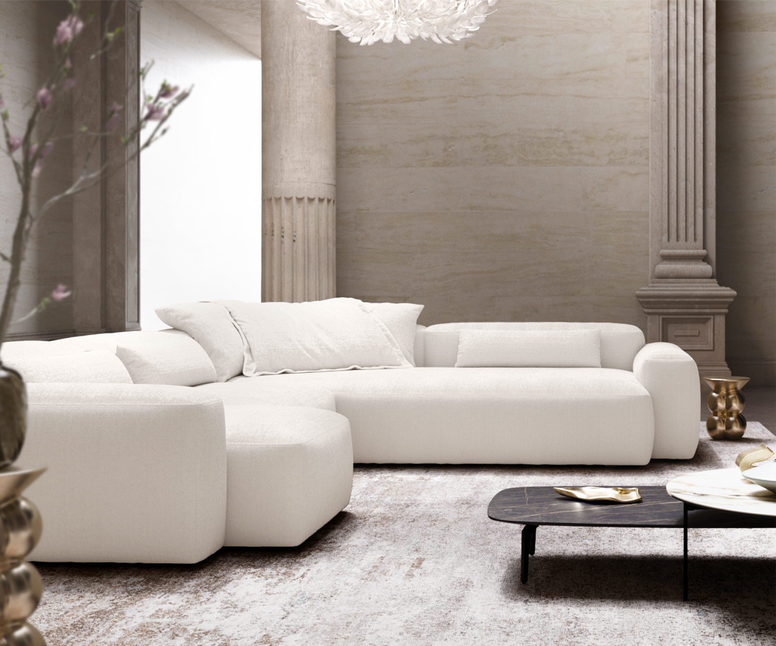 Pohovka v tvare U Freestyle 360x290 cm bouclé mäkký béžová prešívanie - Image 4