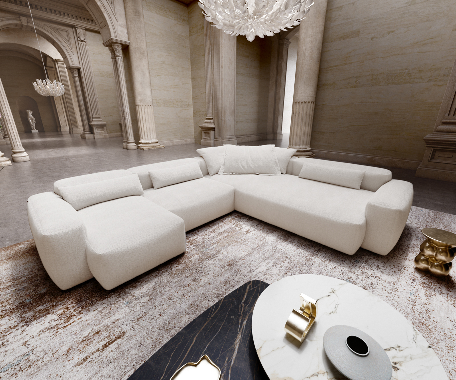 Pohovka v tvare U Freestyle 360x290 cm bouclé mäkký béžová prešívanie