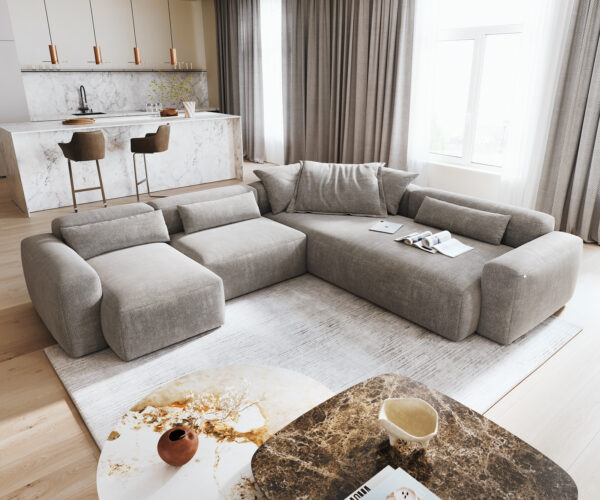 Pohovka v tvare U Freestyle 360x290 cm texturovaná látka mäkký sivá prešitie Kappnaht