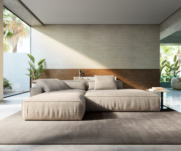 Rohová pohovka Freestyle 310x200 cm tkaná látka mäkká béžová lemovanie