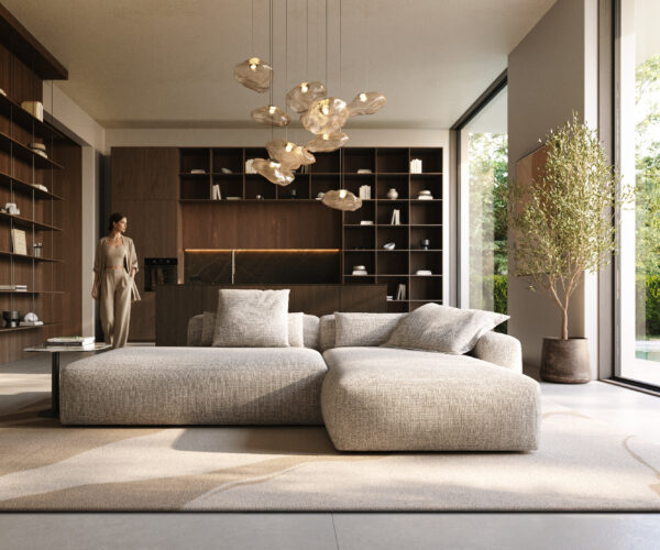 Rohová pohovka Freestyle 310x200 cm tkaná látka mäkká béžová prešívanie