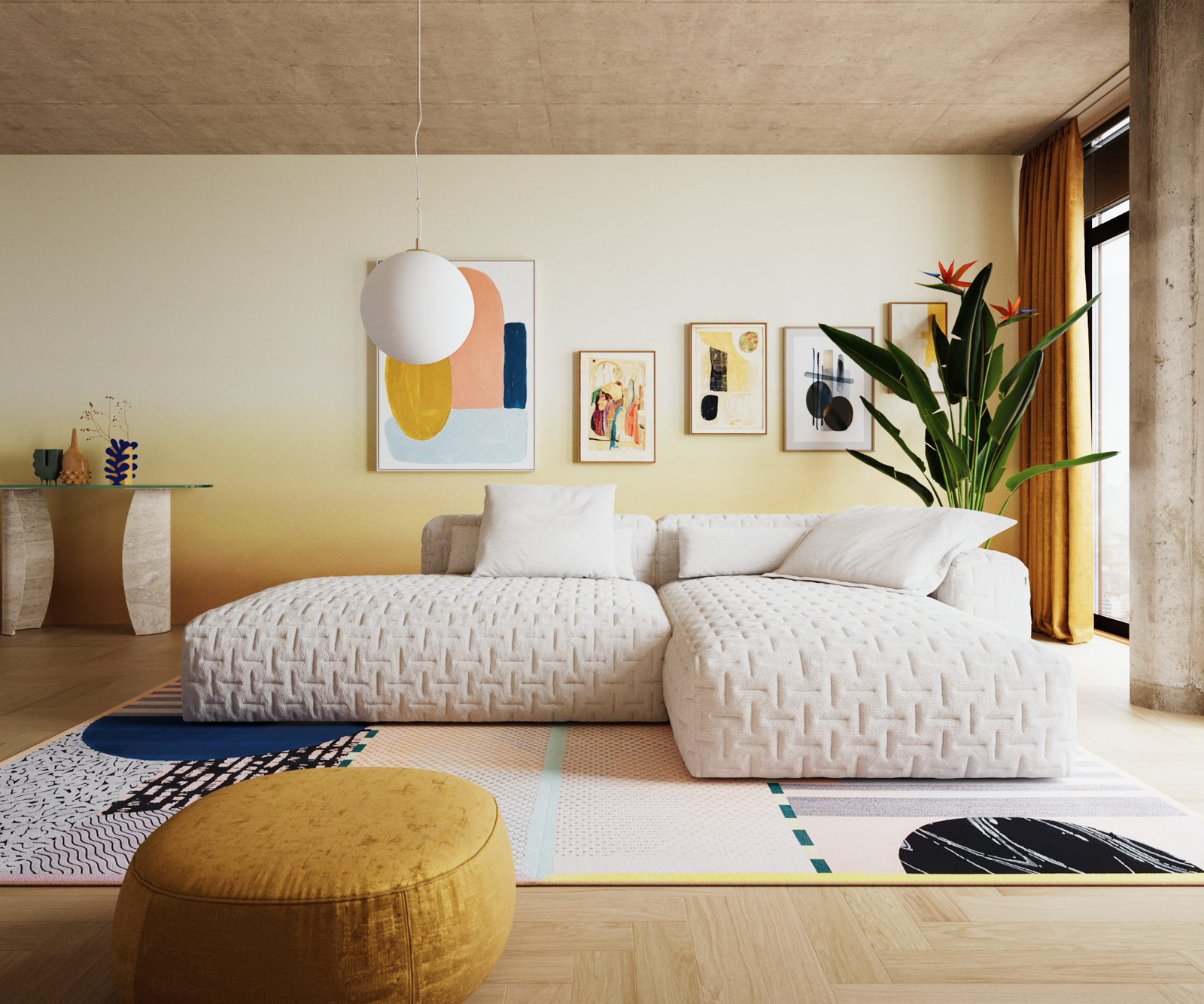 Rohová pohovka Freestyle 310x200 cm bouclé mäkký prešívaný béžová - Image 2