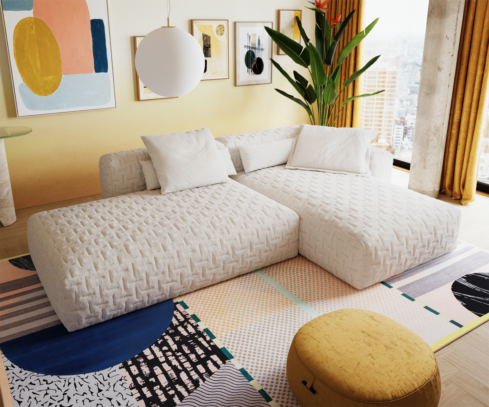 Rohová pohovka Freestyle 310x200 cm bouclé mäkký prešívaný béžová - Image 4