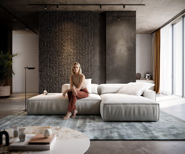 Rohová pohovka Freestyle 310x200 cm bouclé mäkký béžová lemovanie