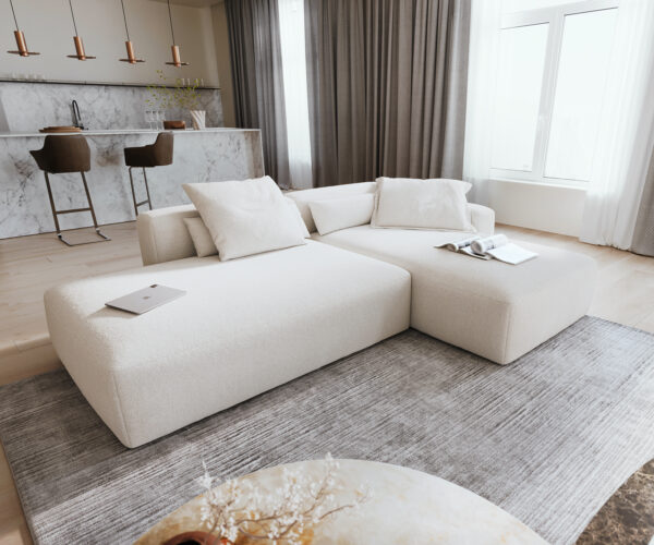 Rohová pohovka Freestyle 310x200 cm bouclé mäkký béžová prešívanie
