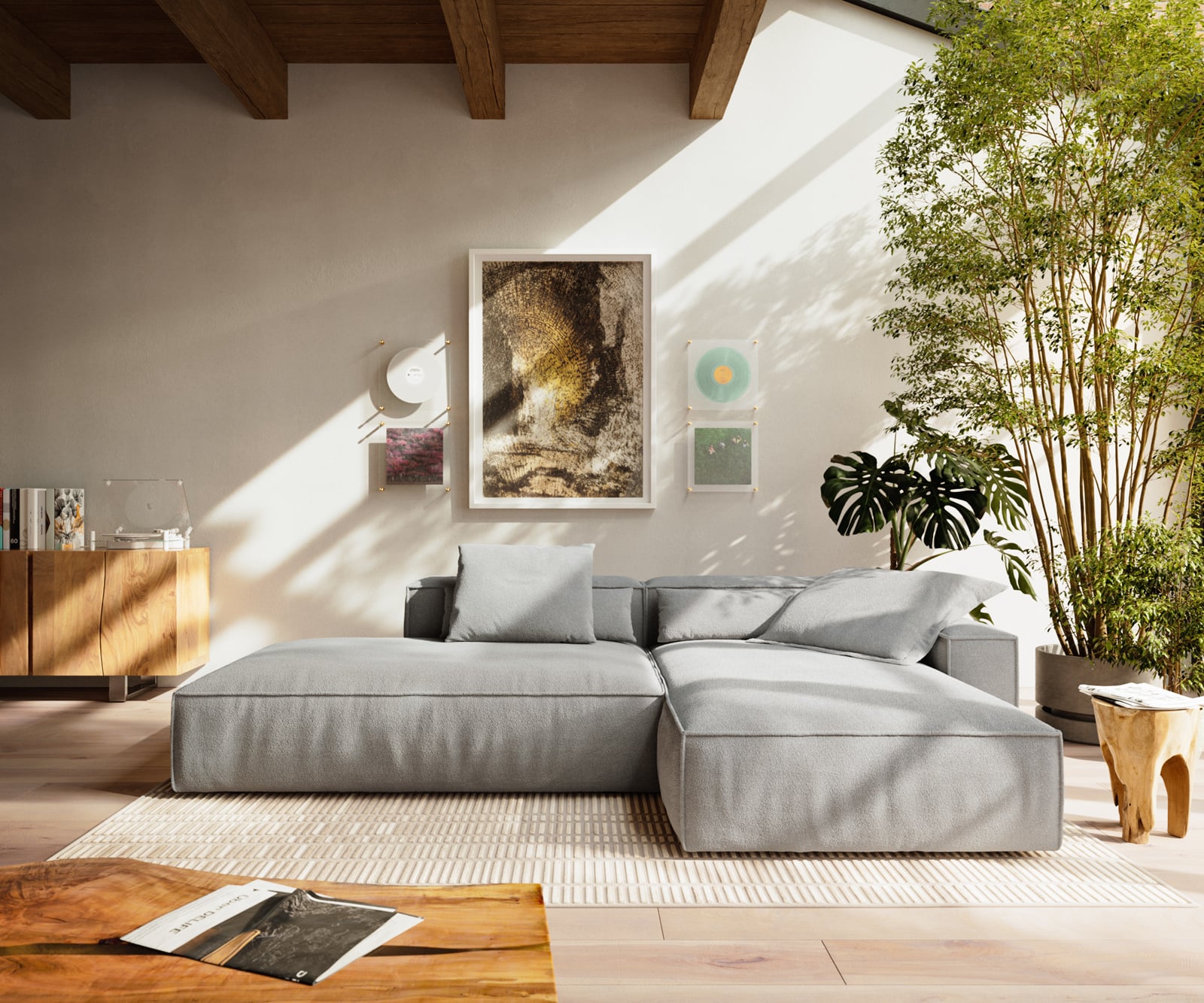 Rohová pohovka Freestyle 310x200 cm texturovaná látka mäkký sivá lemovanie - Image 2