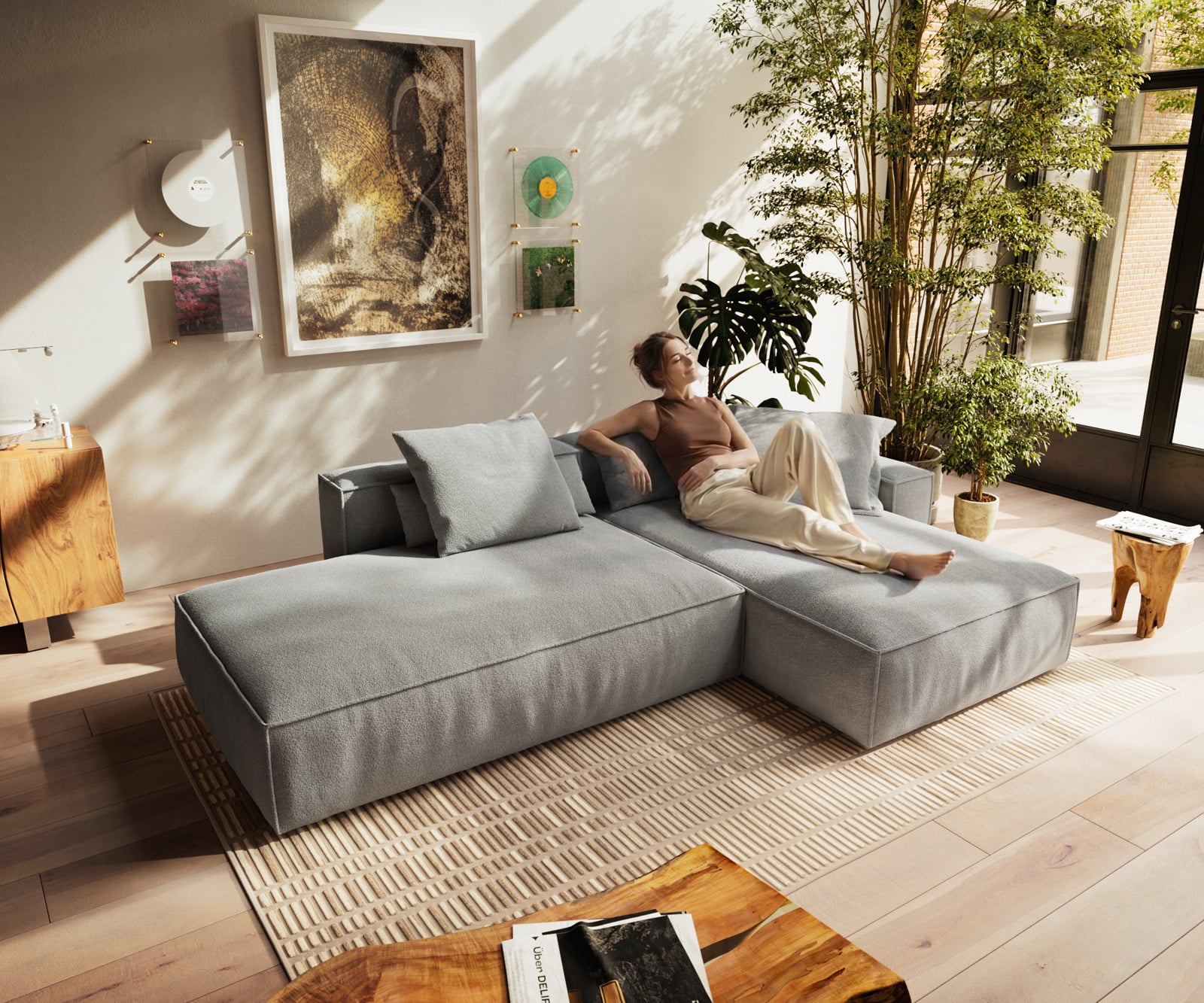 Rohová pohovka Freestyle 310x200 cm texturovaná látka mäkký sivá lemovanie - Image 4