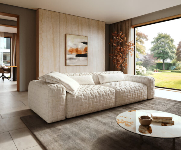 Veľká pohovka Freestyle 280x110 cm bouclé mäkký béžová prešívaná