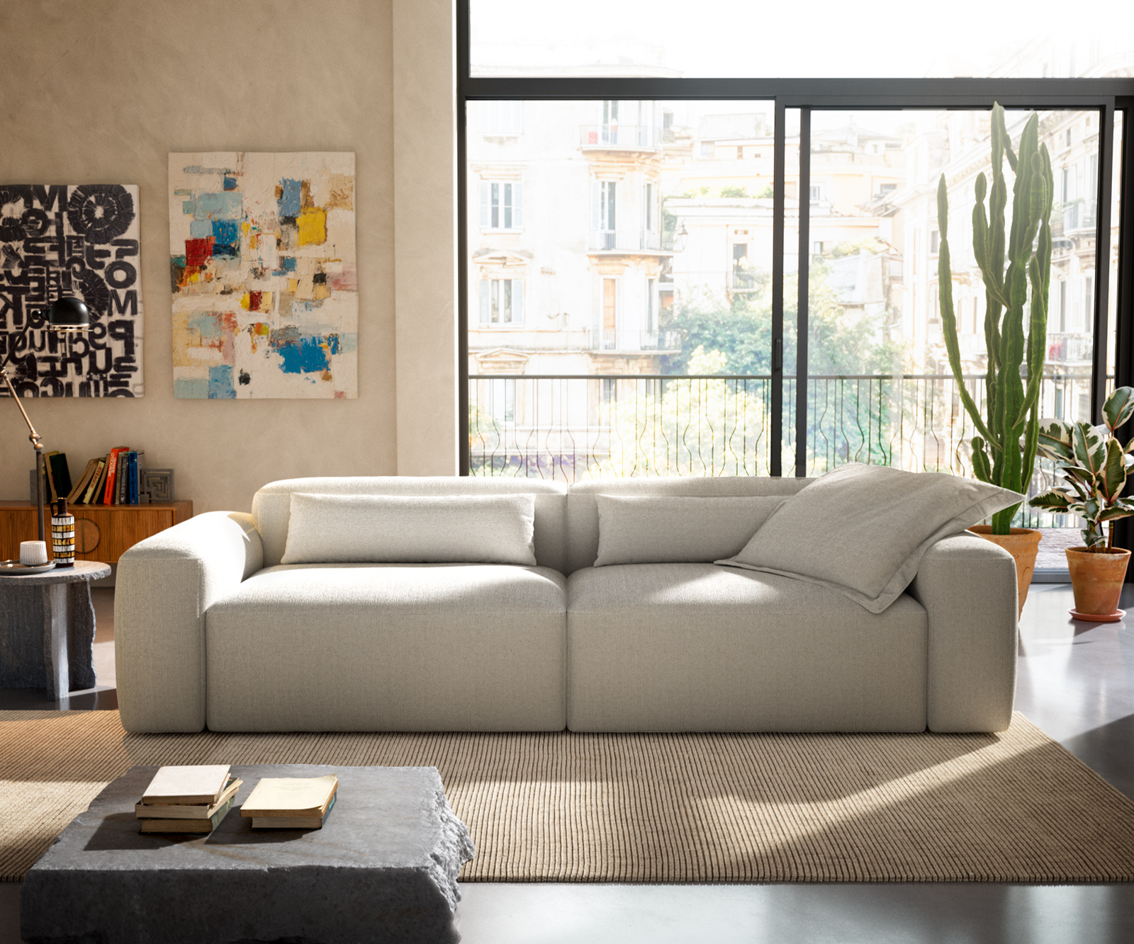 Veľká pohovka Freestyle 280x110 cm bouclé mäkká béžová prešívanie - Image 4