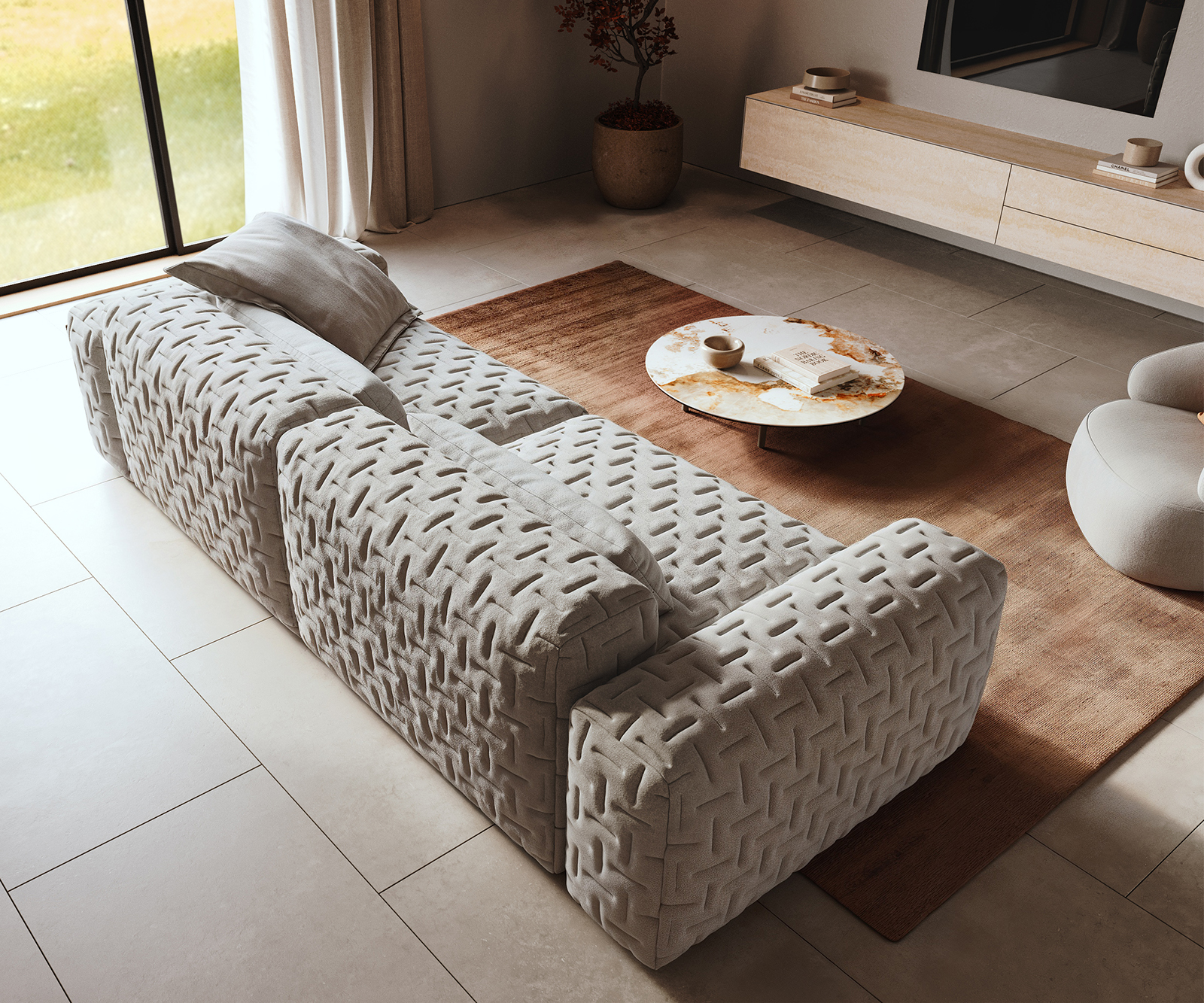 Veľká pohovka Freestyle 280x110 cm texturovaná látka mäkká prešívaná sivá - Image 4