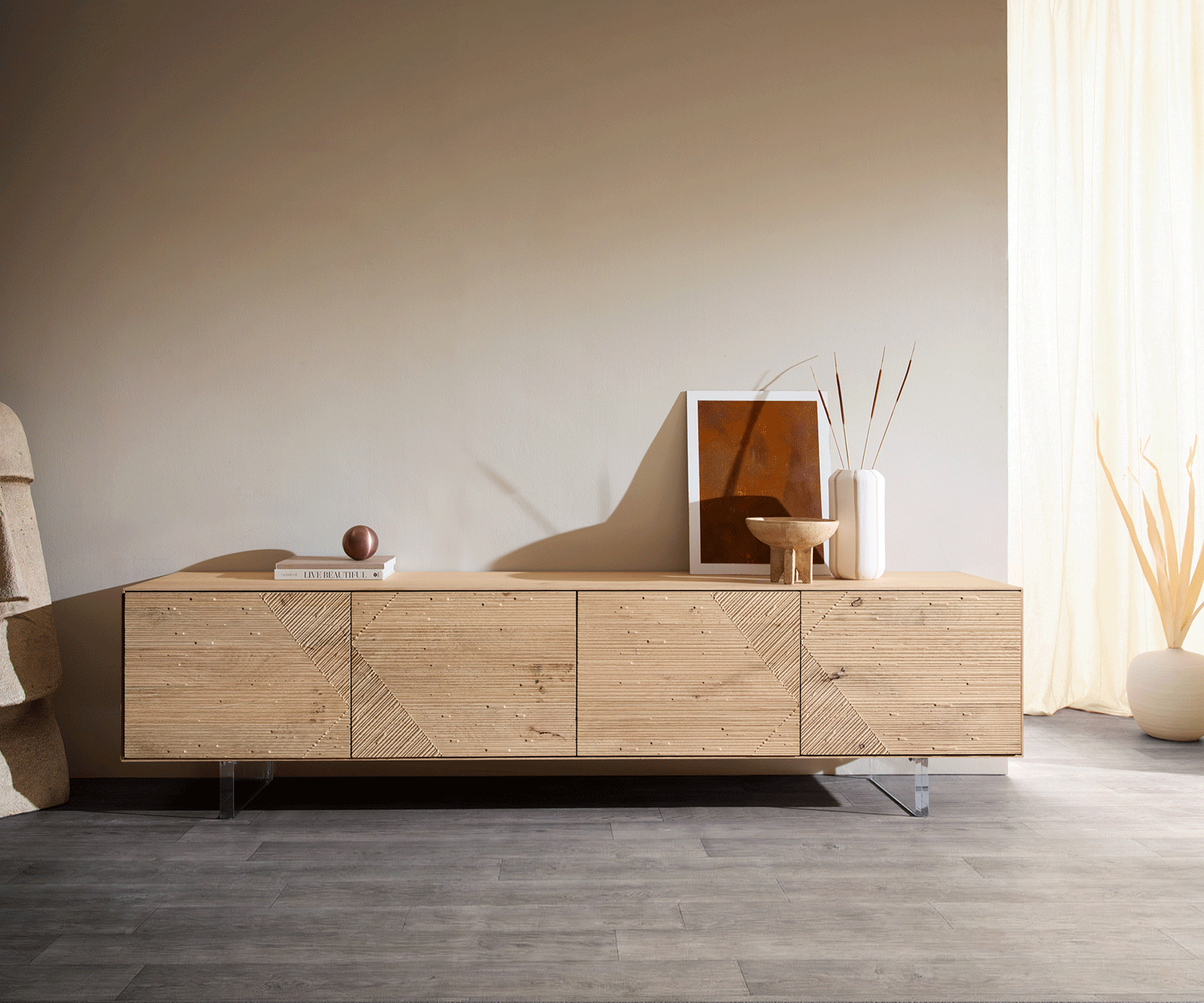 TV stolík Tereos 220 cm dub prírodný 3D efekt 4 dvierka podstava závesná akrylové sklo - Image 5