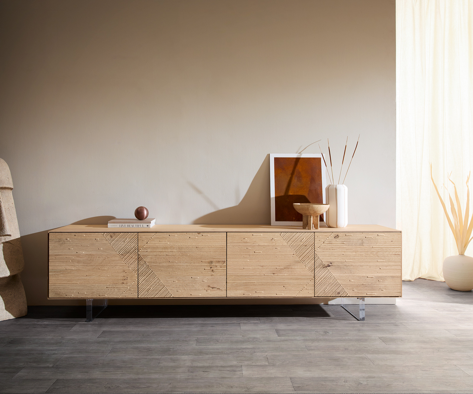 TV stolík Tereos 220 cm dub prírodný 3D efekt 4 dvierka podstava závesná akrylové sklo - Image 2