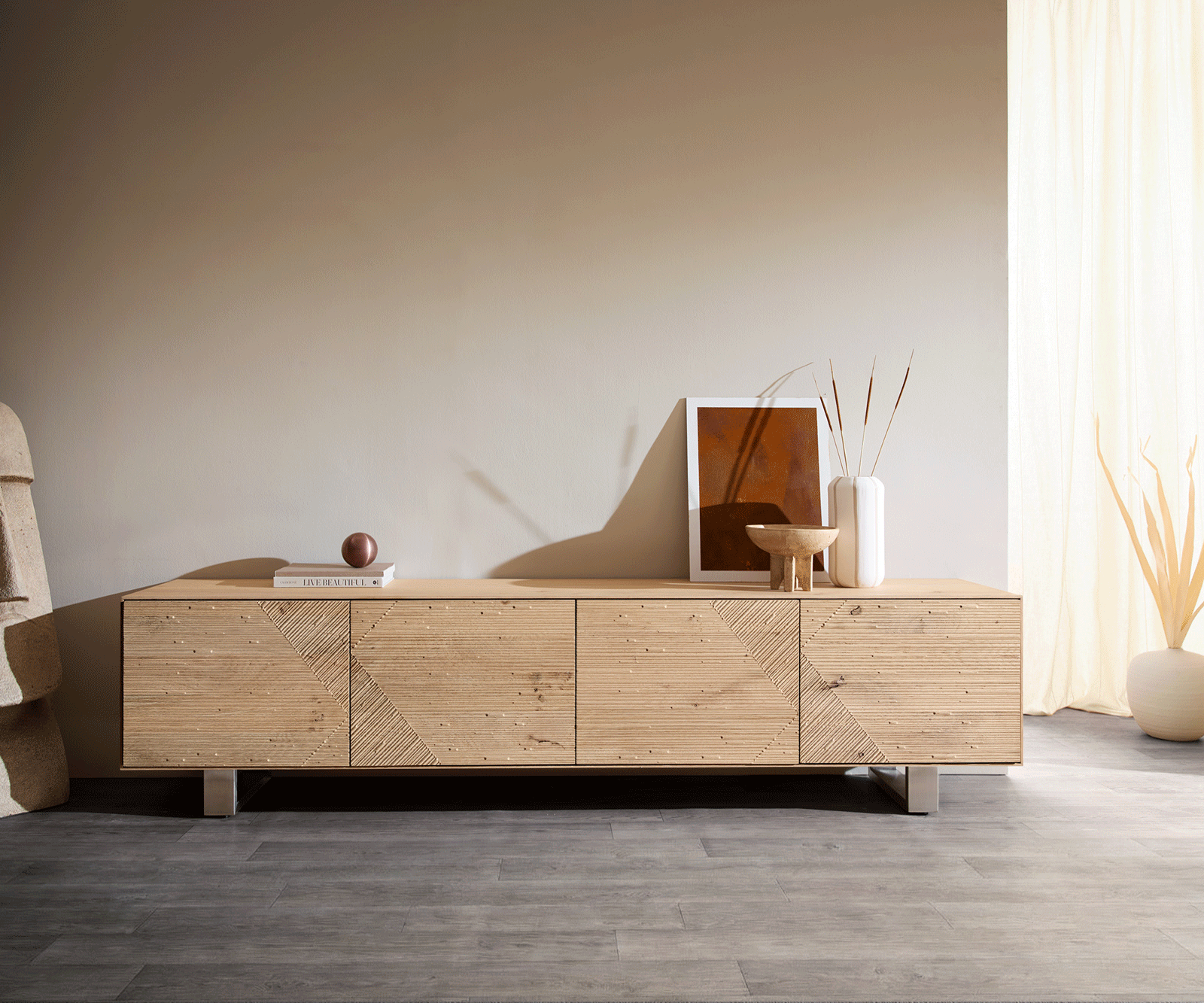 TV stolík Tereos 220 cm dub prírodný 3D efekt 4 dvierka podstava z nerezovej ocele kefovaná - Image 5