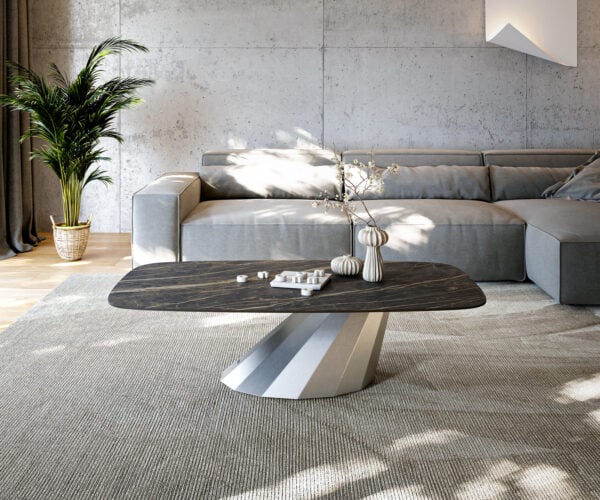 Konferenčný stolík Edge zaoblený 140x80 cm keramika Laminam® Noir Desir hnedá Parabi nerezová oceľ kefovaná