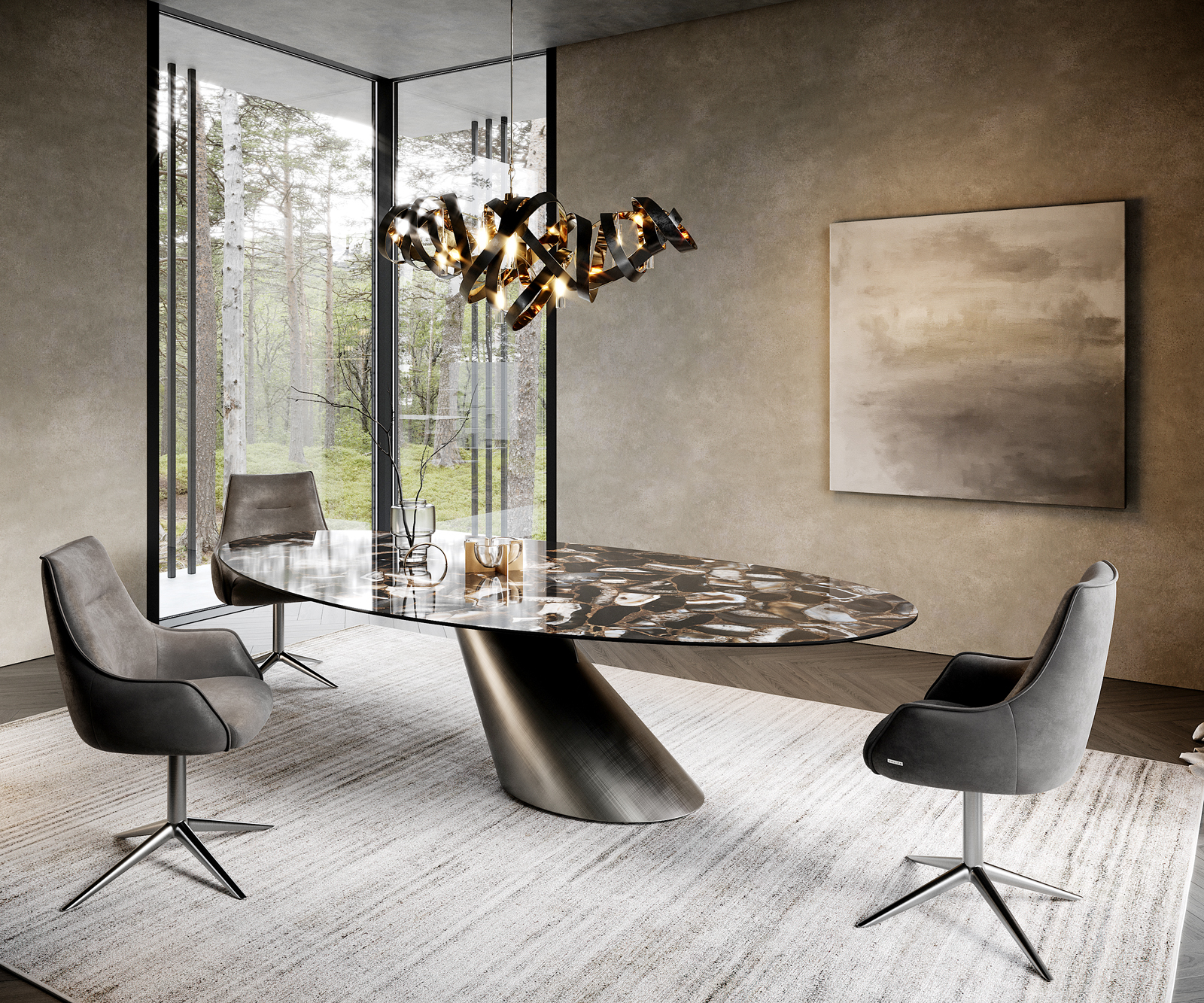 Jedálenský stôl Edge oválny 280x130 keramika Iris FMG Agatablack Cono metalická strieborná - Image 4