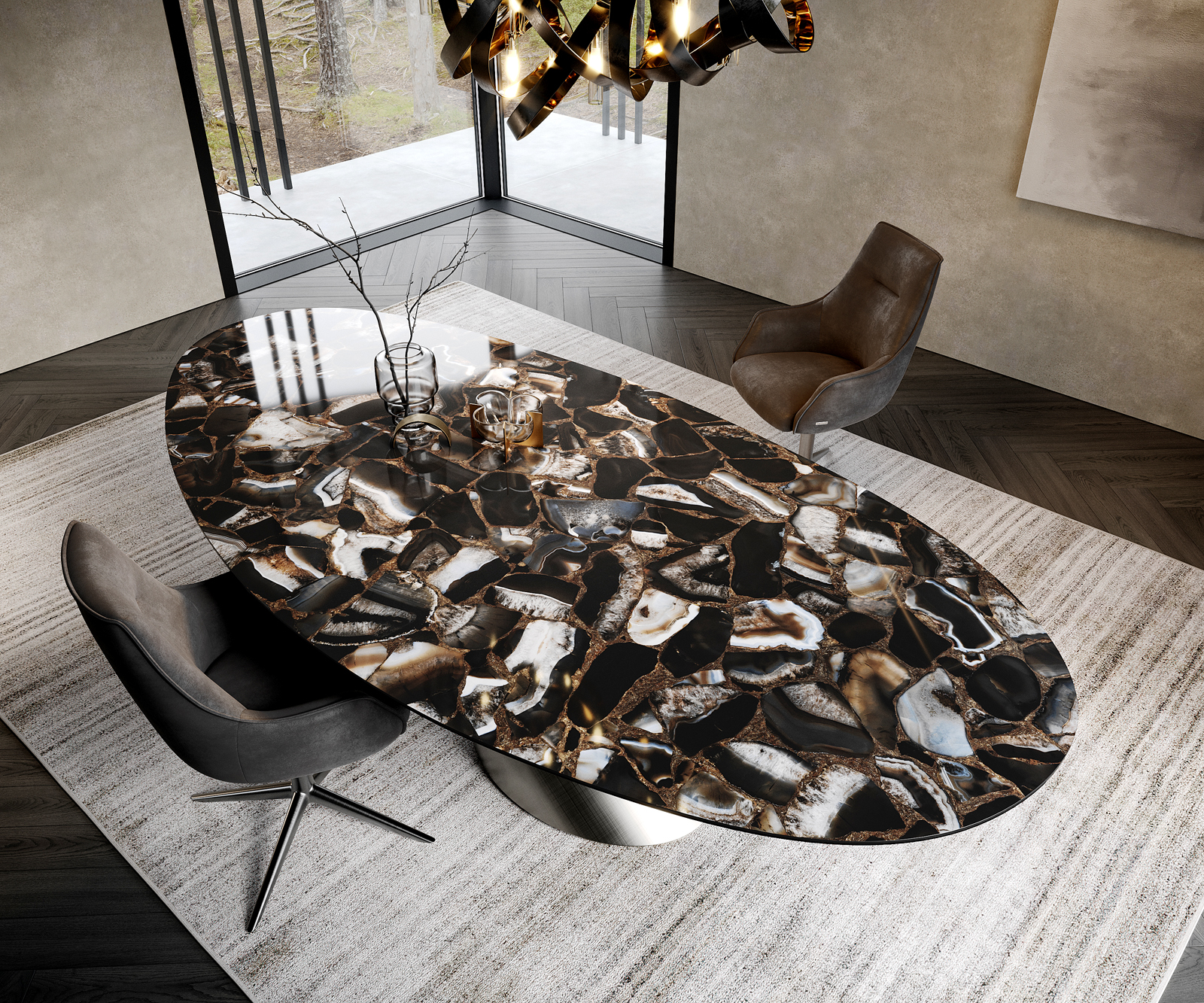 Jedálenský stôl Edge oválny 280x130 keramika Iris FMG Agatablack Cono metalická strieborná - Image 2