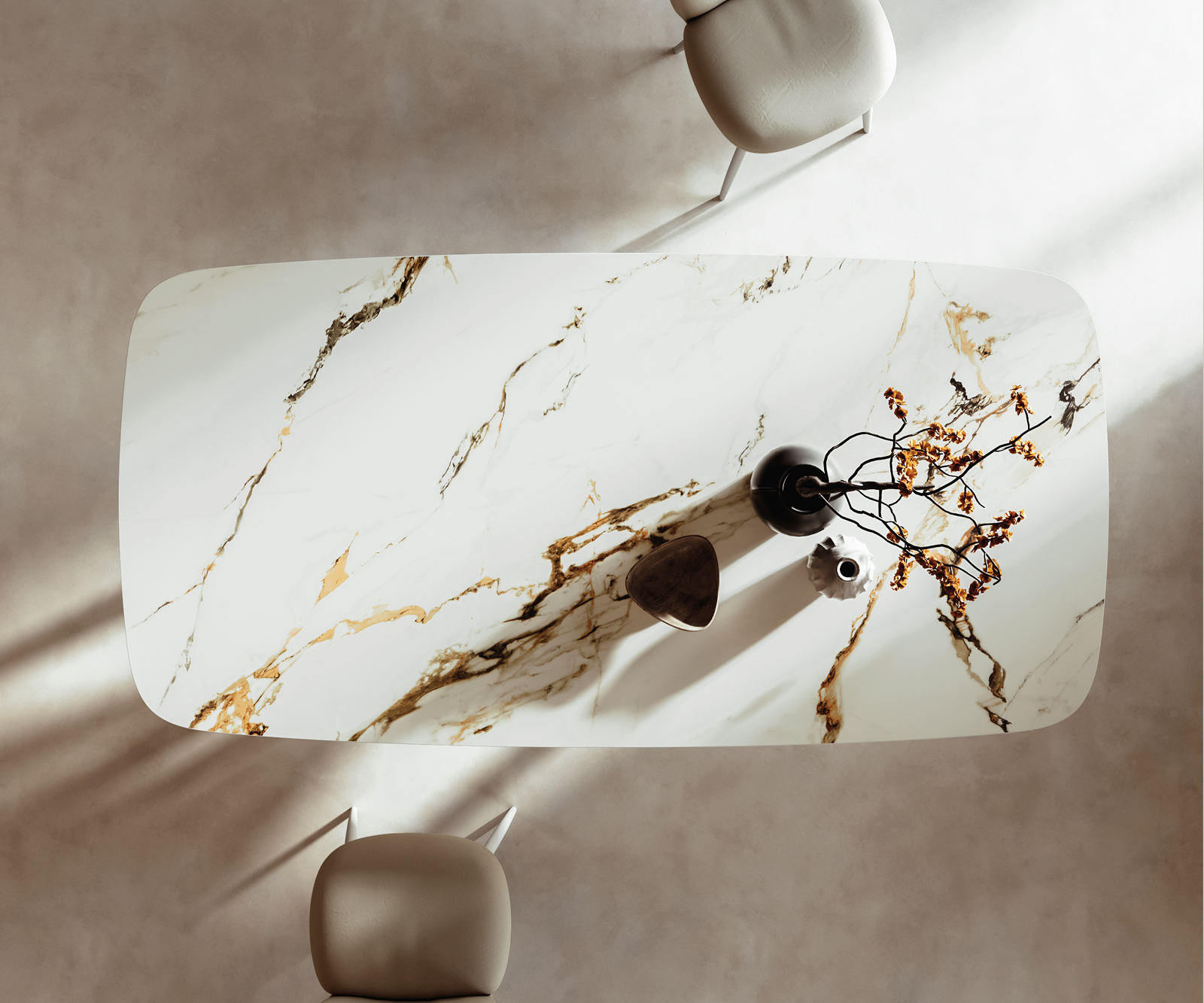 Jedálenský stôl Edge zaoblený tvar 240x120 cm keramika Calacatta Luxe bielo-zlato-šedá Spider kov biela - Image 4