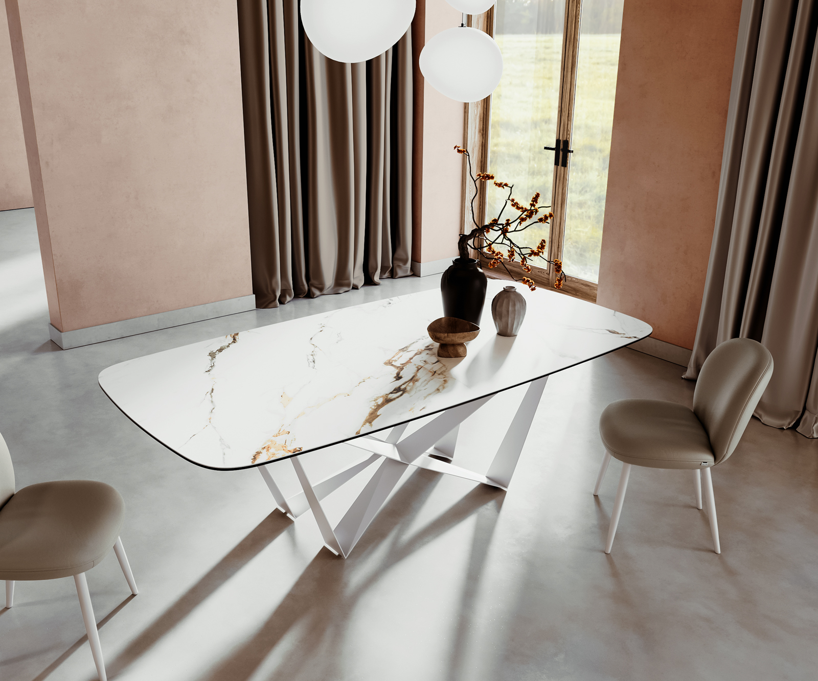 Jedálenský stôl Edge zaoblený tvar 240x120 cm keramika Calacatta Luxe bielo-zlato-šedá Spider kov biela - Image 2