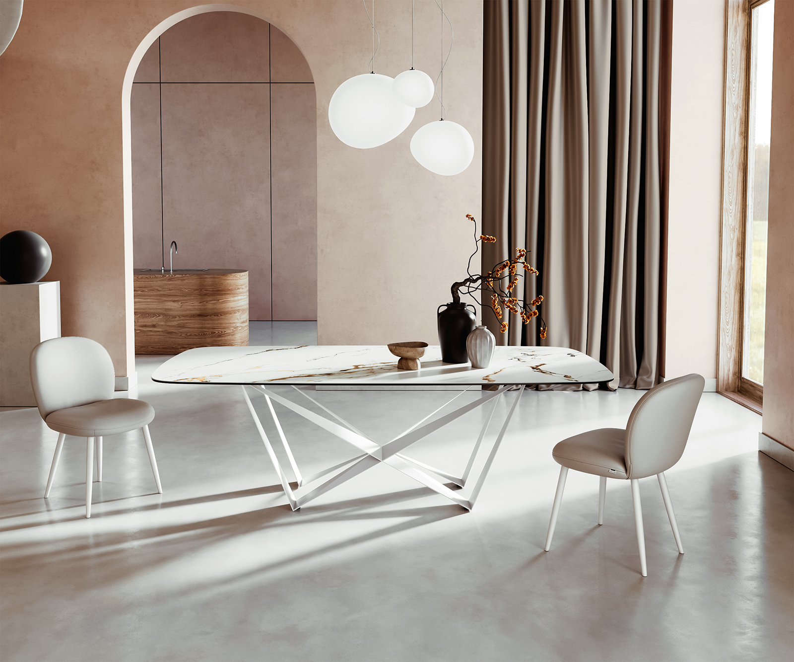 Jedálenský stôl Edge zaoblený tvar 240x120 cm keramika Calacatta Luxe bielo-zlato-šedá Spider kov biela