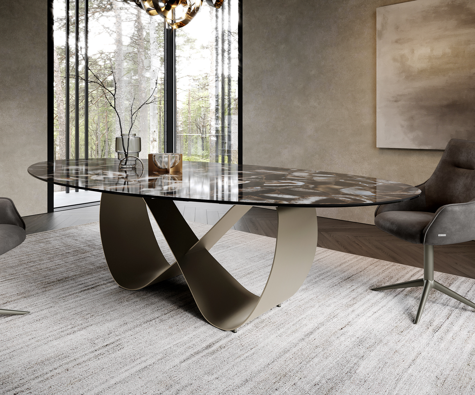 Jedálenský stôl Edge oválny 280x130 cm keramika Iris FMG Agatablack Infinity kov efektfinish titánová - Image 6