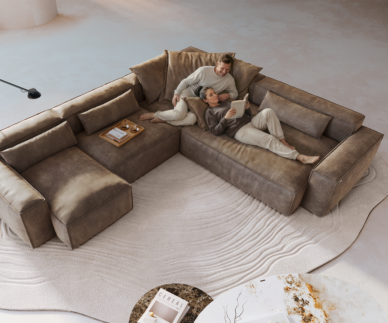 Pohovka v tvare "U" Freestyle 360x290 cm mikrovlákno taupe vintage lemovanie - Image 4