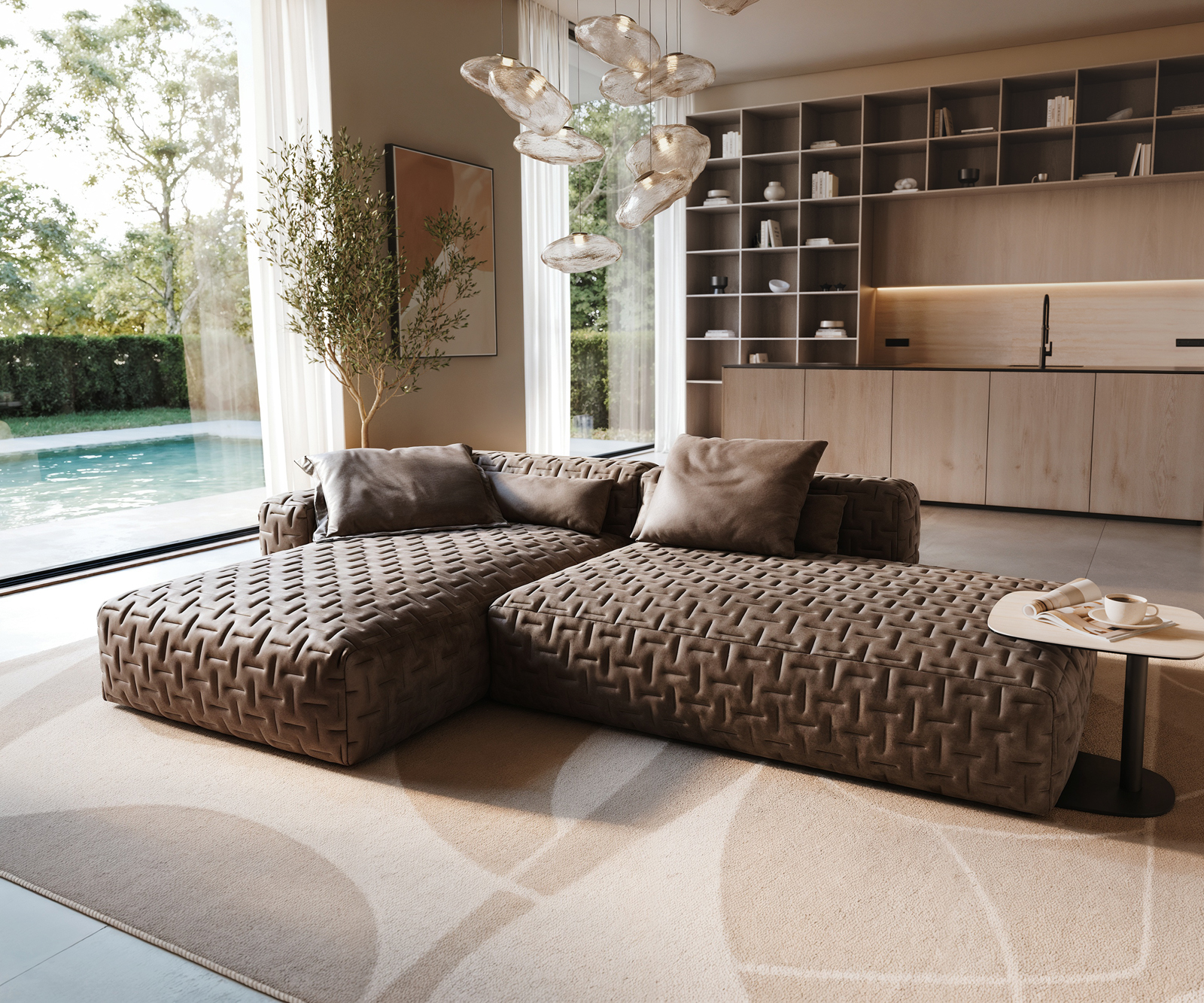 Rohová pohovka Freestyle 310x200 cm mikrovlákno taupe vintage prešívaná