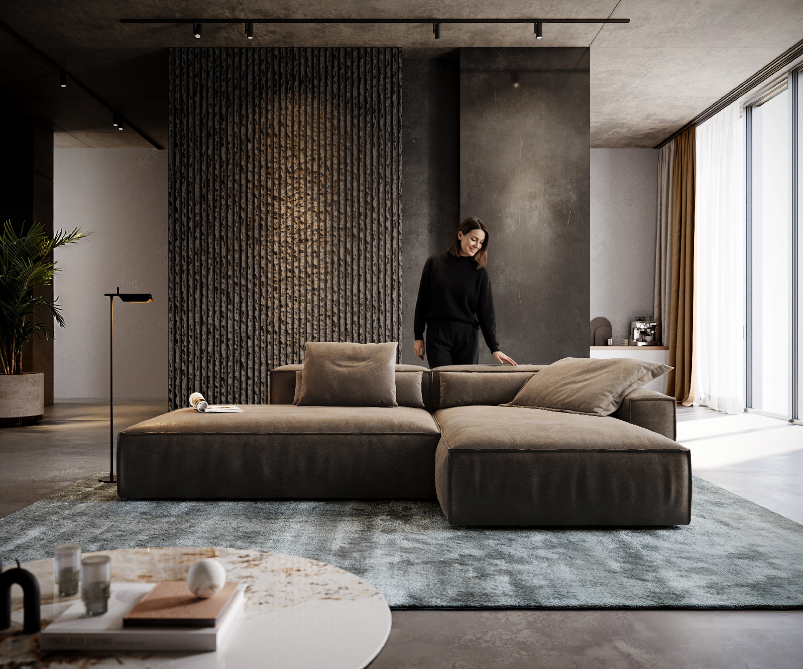 Rohová pohovka Freestyle 310x200 cm mikrovlákno taupe vintage lemovanie - Image 2