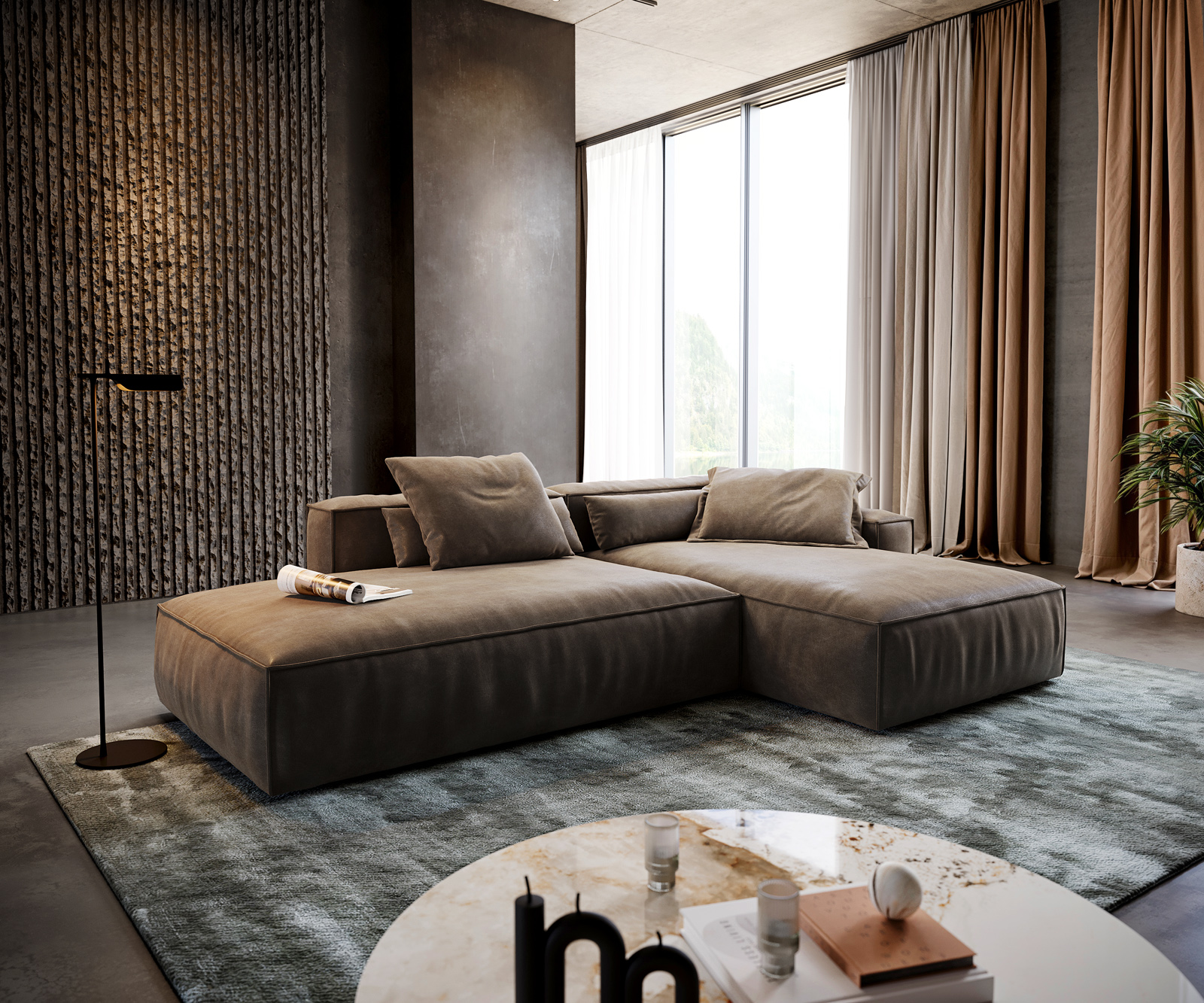 Rohová pohovka Freestyle 310x200 cm mikrovlákno taupe vintage lemovanie