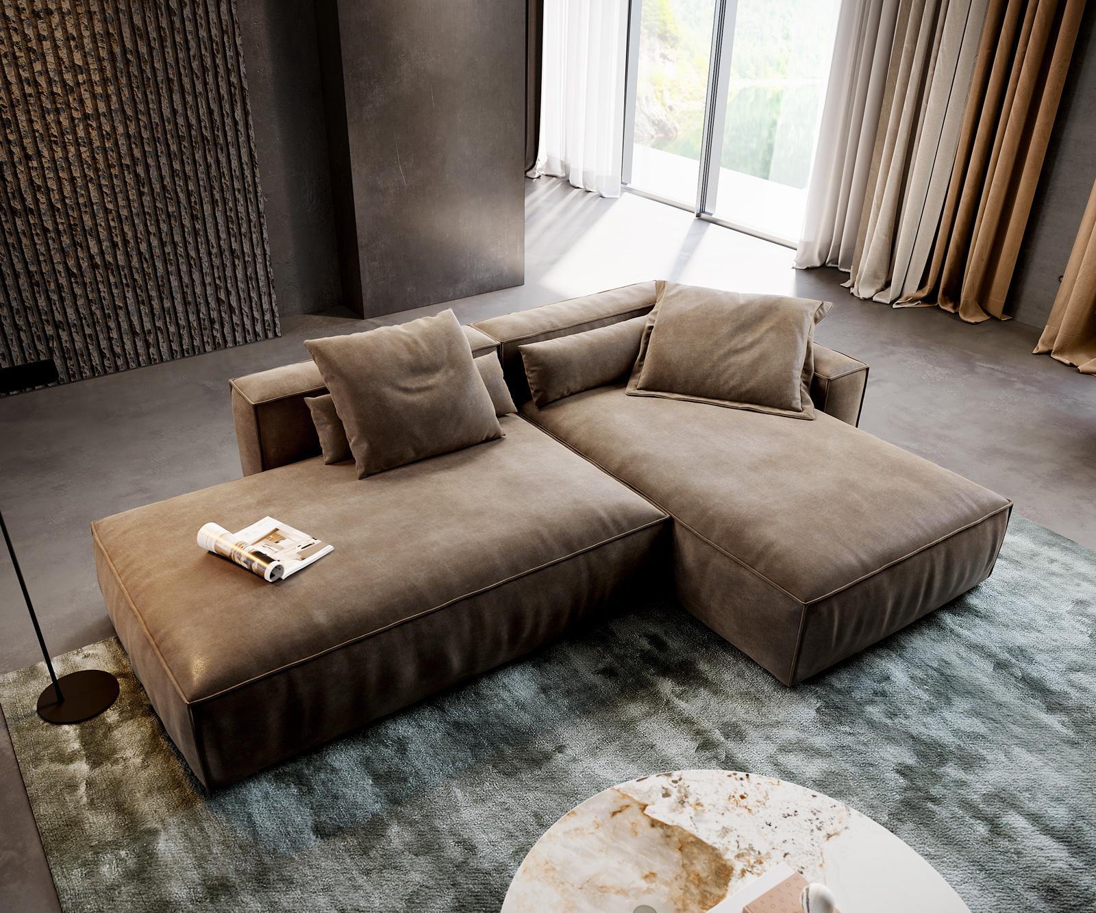 Rohová pohovka Freestyle 310x200 cm mikrovlákno taupe vintage lemovanie - Image 4