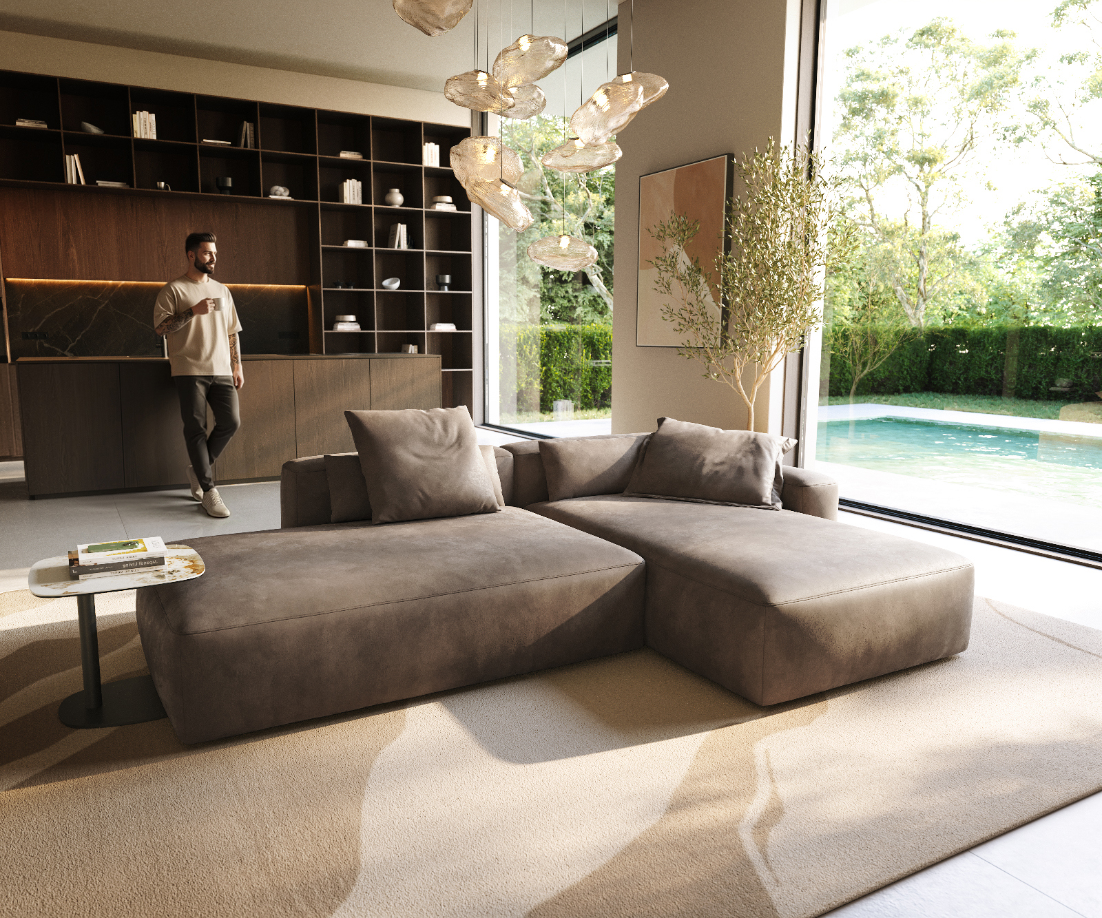 Rohová pohovka Freestyle 310x200 cm mikrovlákno taupe vintage s prešívaním Kappnaht