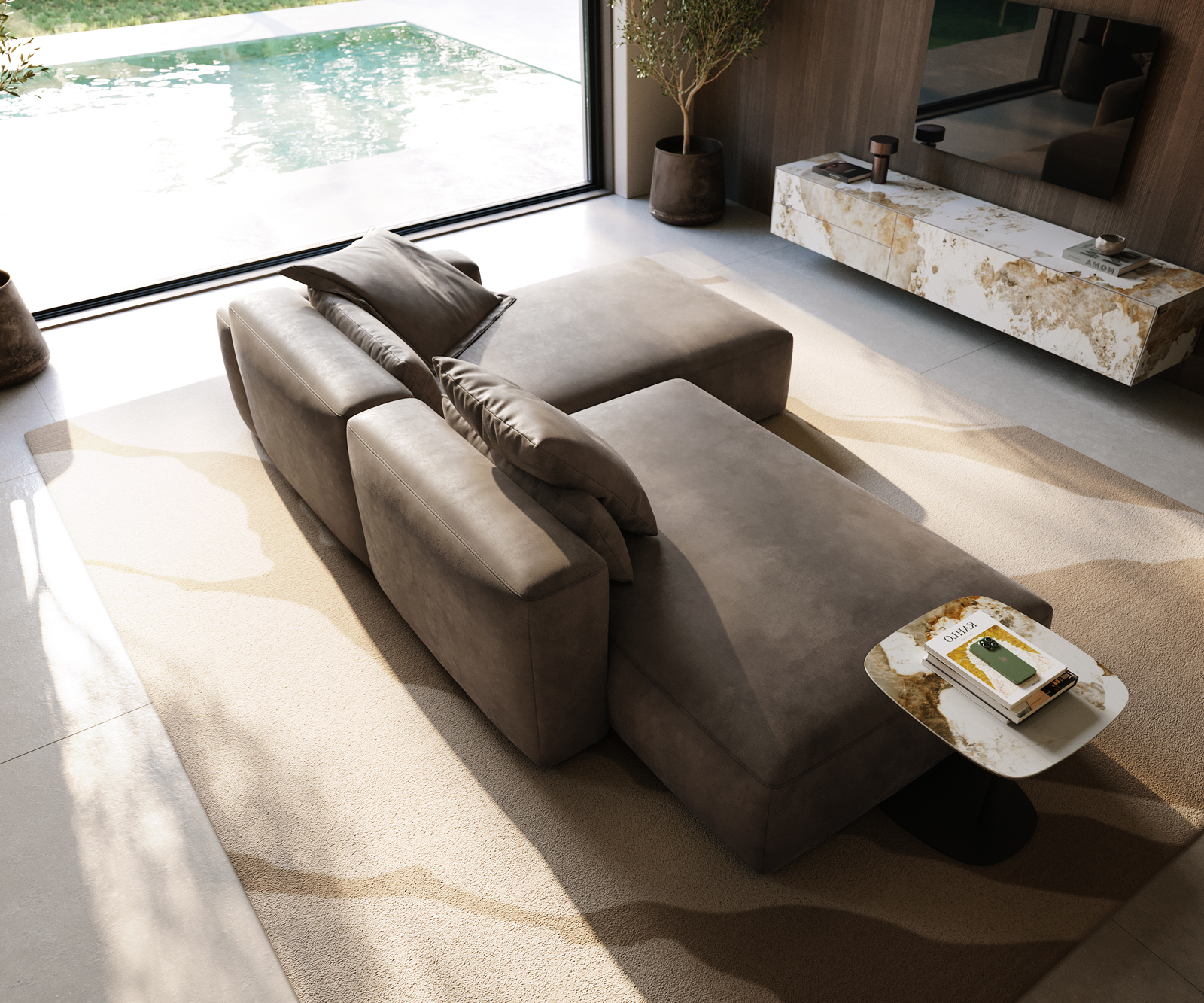 Rohová pohovka Freestyle 310x200 cm mikrovlákno taupe vintage s prešívaním Kappnaht - Image 4