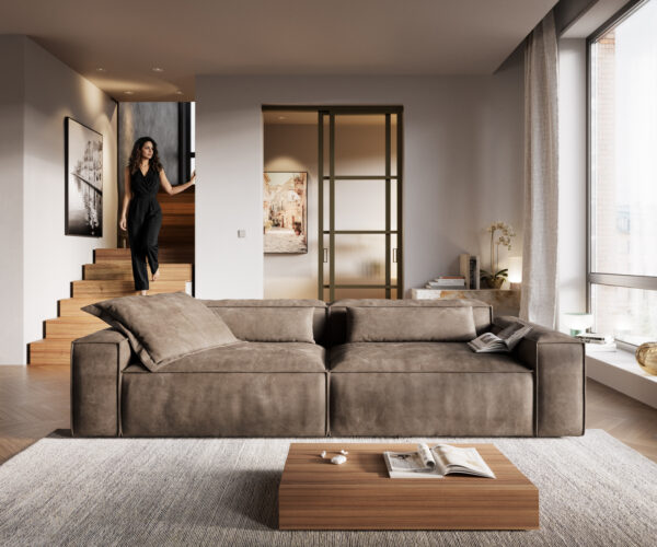 Veľká pohovka Freestyle 280x110 cm mikrovlákno taupe vintage lemovanie