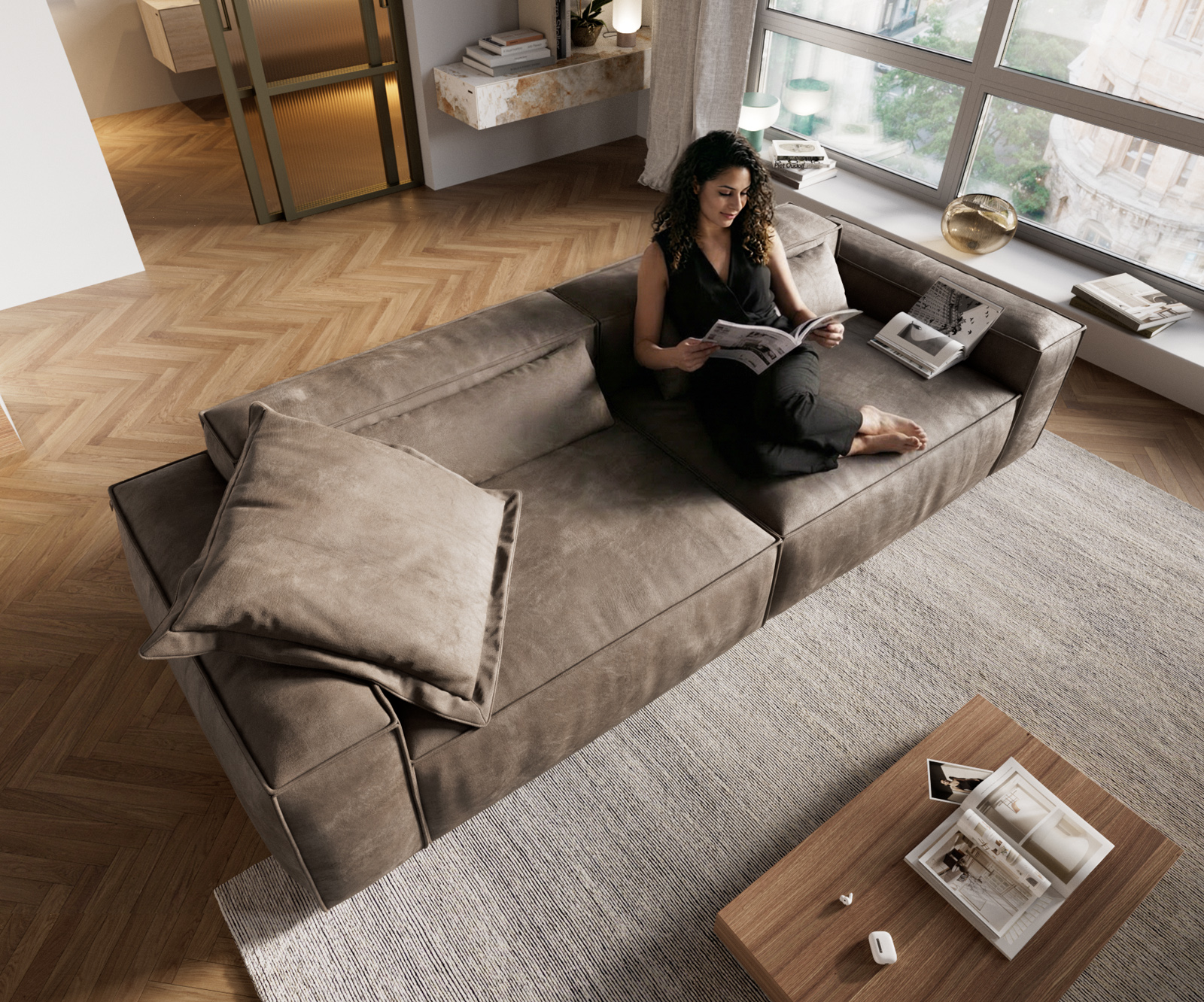 Veľká pohovka Freestyle 280x110 cm mikrovlákno taupe vintage lemovanie - Image 4