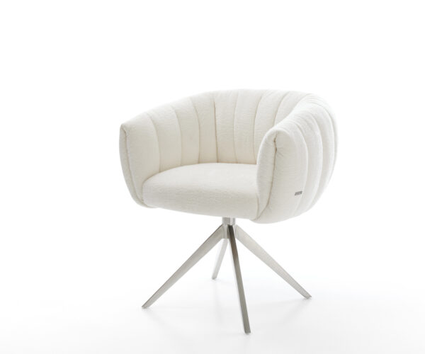 Jedálenská stolička Jada-Flex bouclé mäkký béžová krížová podstava široká nerezová oceľ 360° otočná hojdacia funkcia vrecková pružina