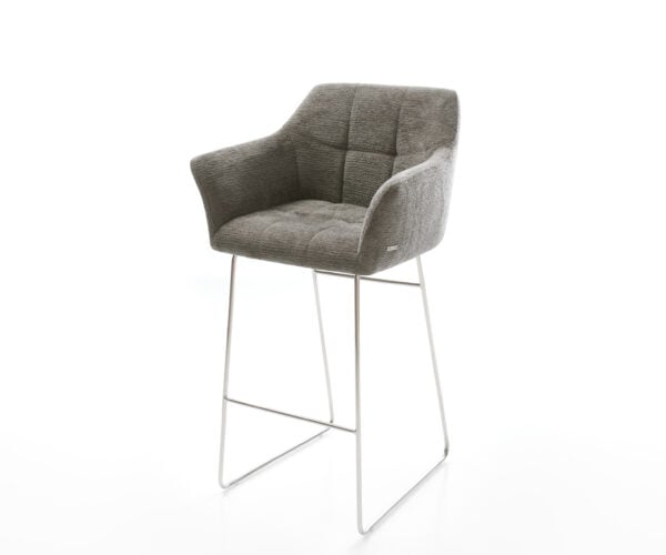 Barová stolička Yulo-Flex bouclé mäkký tmavobéžová tenká podstava nerezová oceľ striebornošedá