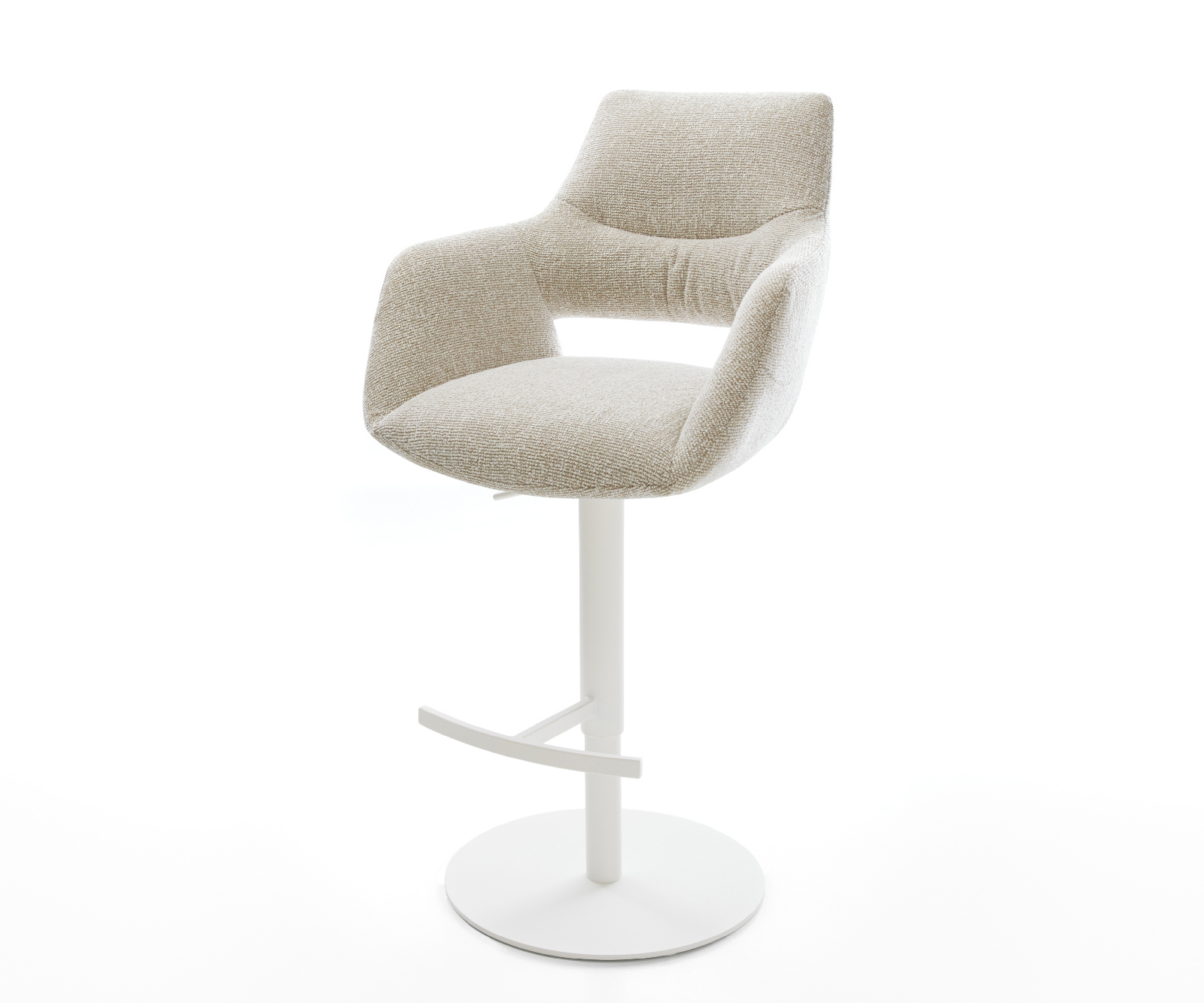 Barová stolička Yago-Flex tkanina mäkký béžová otočná podstava výškovo nastaviteľná kov biela vrecková pružina