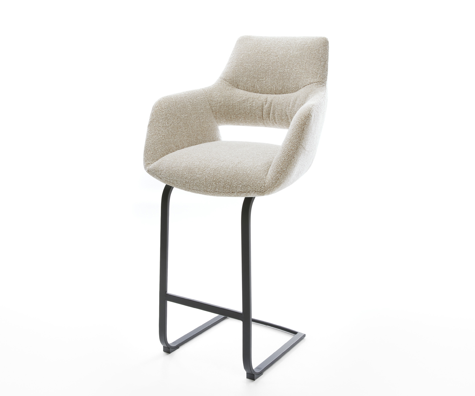 Barová stolička Yago-Flex tkanina mäkká béžová konzolová podstava plochý kov čierna vrecková pružina