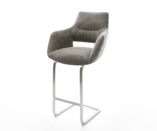 Barová stolička Yago-Flex bouclé mäkký tmavobéžová konzolová podstava plochá nerezová oceľ striebornošedá vrecková pružina