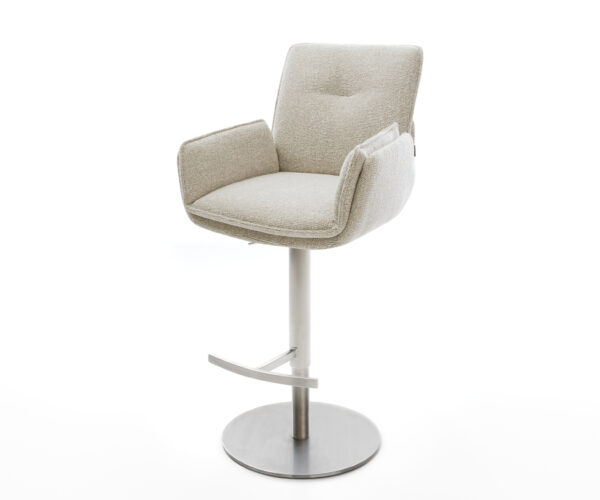 Barová stolička Nela-Flex tkanina mäkká béžová otočná podstava výškovo nastaviteľná nerezová oceľ striebornošedá