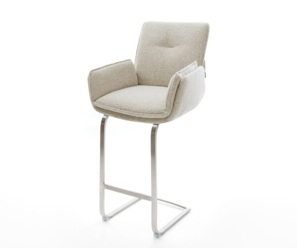 Barová stolička Nela-Flex tkanina mäkká béžová konzolová podstava plochá nerezová oceľ strieborno-šedá