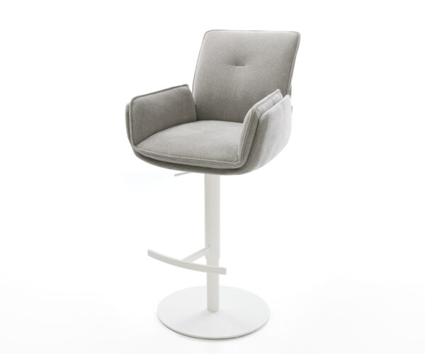 Barová stolička Nela-Flex texturovaná látka mäkká sivá otočná podstava výškovo nastaviteľná kov biela