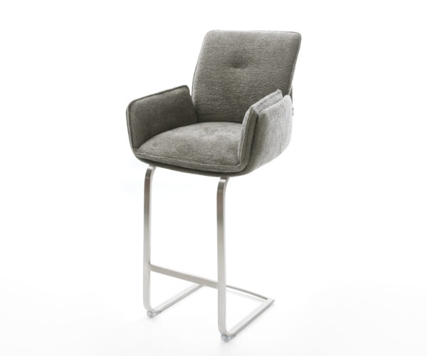 Barová stolička Nela-Flex bouclé mäkký tmavobéžová konzolová podstava plochá nerezová oceľ striebornošedá