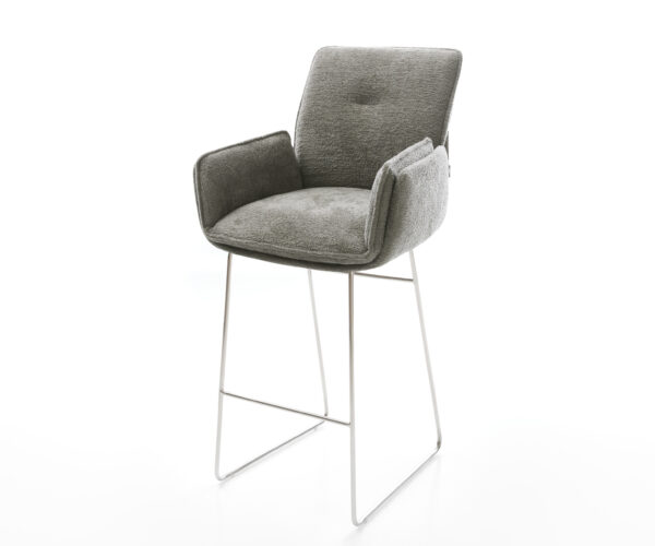 Barová stolička Nela-Flex bouclé mäkký tmavobéžová tenká podstava nerezová oceľ strieborno sfarbená