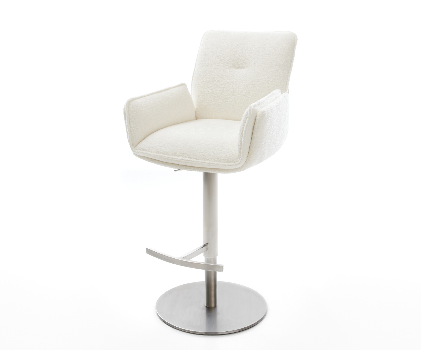 Barová stolička Nela-Flex bouclé mäkký béžová otočná podstava výškovo nastaviteľná nerezová oceľ strieborno-šedá