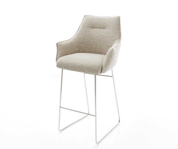 Barová stolička Alja-Flex tkanina mäkká béžová tenká podstava nerezová oceľ strieborno sivá vrecková pružina