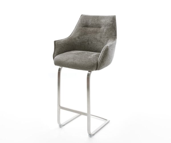 Barová stolička Alja-Flex bouclé mäkký tmavobéžová konzolová podstava plochá nerezová oceľ strieborná vrecková pružina