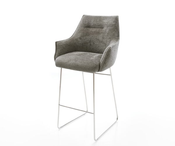 Barová stolička Alja-Flex bouclé mäkký tmavobéžová tenká podstava nerezová oceľ strieborno sivá vrecková pružina