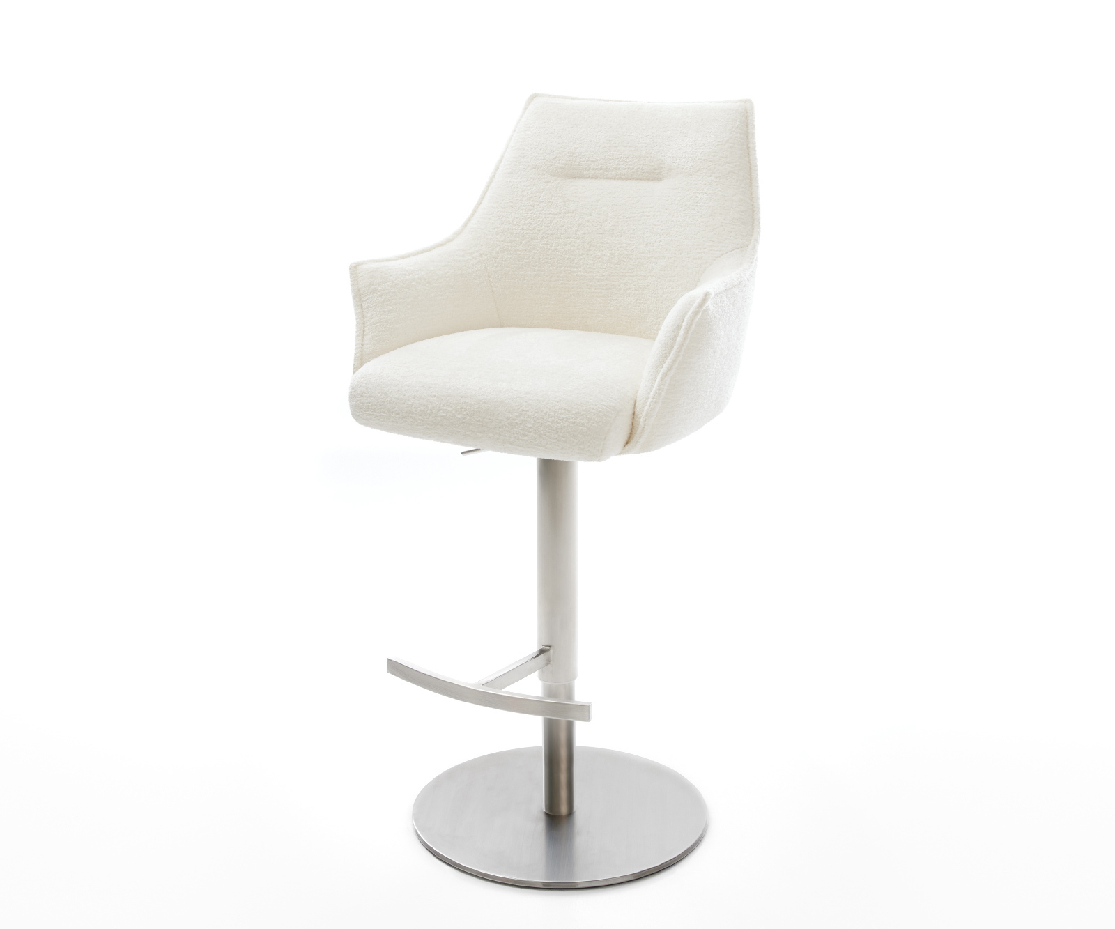 Barová stolička Alja-Flex bouclé mäkký béžová otočná podstava výškovo nastaviteľná nerezová oceľ strieborno sivá vrecková pružina